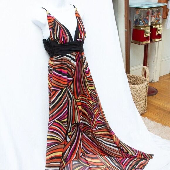 Vgt Y2K Does 70s Colorful Psychedelic Print XOXO Maxi Ring Strappy Dress Size S - Picture 3 of 13